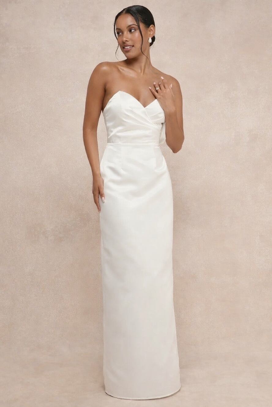 Lulus Profound Love White Satin Pleated Strapless Sleeve Maxi Dress Bridal Sz L